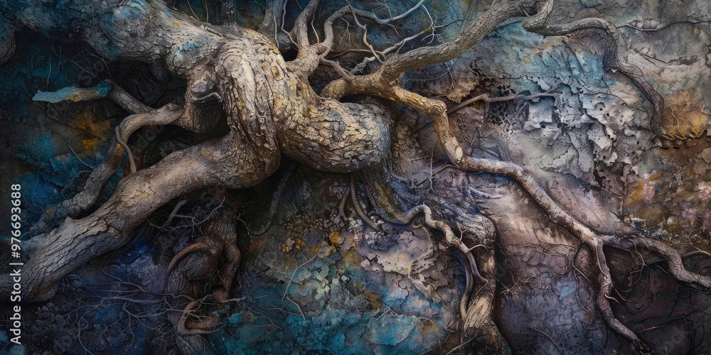 Poster distinctive image featuring intertwined tree root structures within the earth, highlighting natural 
