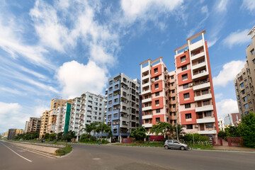 Residential high-rise apartment buildings with view of city road at Rajarhat area at Kolkata, India. © Roop Dey