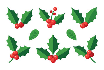 Flat Design Holly Leaves and Berries Vector Set Traditional Christmas Plant Elements