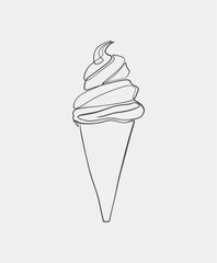A simple minimalist line art drawing of a soft serve ice cream cone in black on a light background.