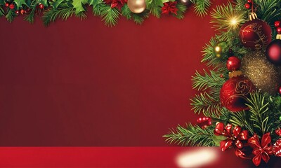 Christmas background with pine tree branches and shiny balls decoration with copy space