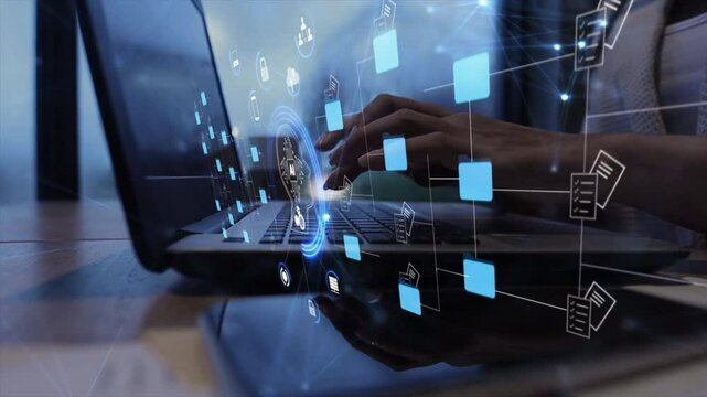 Ai Futuristic holographic interface of a file manager, folder structure with documents and data scanning, digital document storage software, cloud database, search and manage documents, paperless - Powered by Adobe