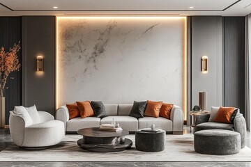 stylish living room interior of modern apartment. trendy furniture and elegant home decor. template wall mock up. 3d render. high quality 3d illustration. 3d illustration