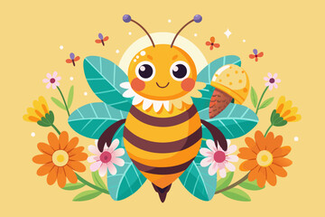 Funny Bee Adorned with Flowers and holding a honey ice cream. May 20, World Bee Day concept. vector illustration