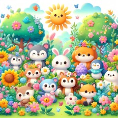 Naklejka premium Adorable Animals Gathered in a Colorful, Blooming Garden