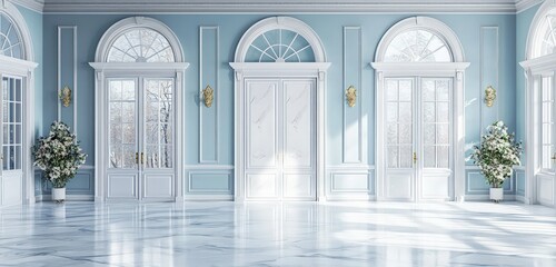 Manor-style hall with frost white marble and blue panels, Swedish design.