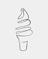 A simple minimalist line art drawing of a soft serve ice cream cone in black on a light background.