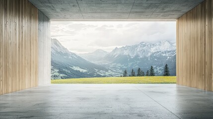 Luxurious Swiss Room Smooth Concrete, Spruce Wall, Alpine Meadow View.