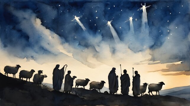 The Angels Appearing to Shepherds, A group of shepherds watching over their sheep at night, with angels descending from the sky to announce the birth of Christ., silhouettes watercolor. 