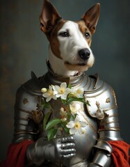 Portrait of a Anthropomorphic dog holds a jasmine flower,dressed like a medieval knight.