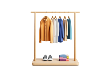 Stylish clothing rack with assorted tops and shoes in modern display