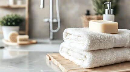 Two white towels folded on a wooden surface with a bar of soap on top, with a bathroom sink and faucet visible in the background.