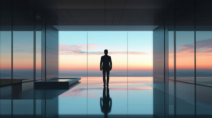 Fototapeta premium A silhouette of businessman stands in minimal office, gazing at stunning sunset view. serene atmosphere evokes sense of contemplation and ambition