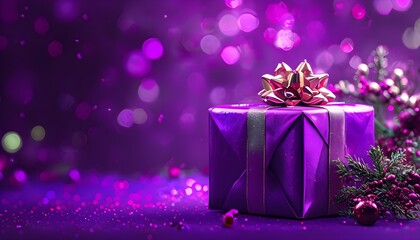 "Celebrate in sophistication with purple Christmas gift boxes and ribbons, showcased against a seamless purple backdrop."

