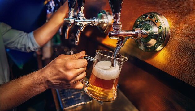 Mano de camarero accionando un grifo de cerveza en un bar sirviendo cerveza espumosa en una jarra de cristal. Restaurante, ocio, alcohol