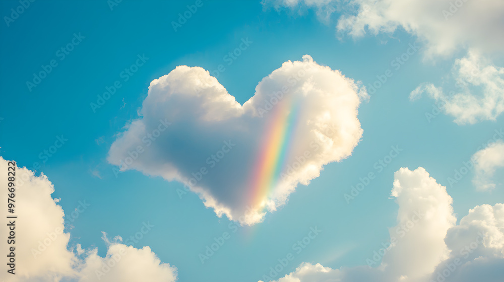 Poster a fluffy cloud in the shape of a heart with a rainbow emerging from behind it