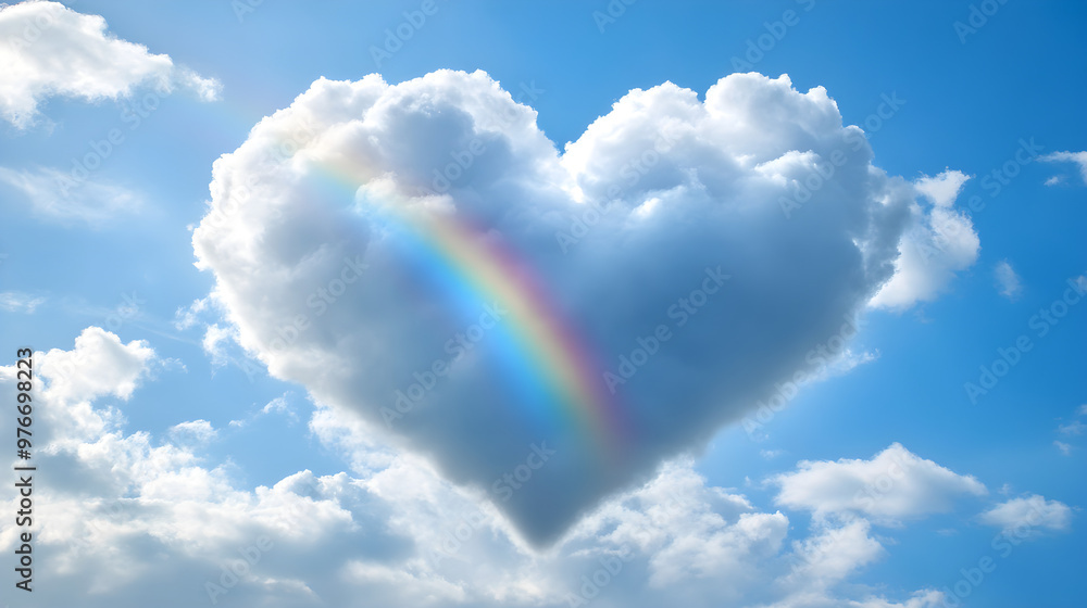 Poster a fluffy cloud in the shape of a heart with a rainbow emerging from behind it