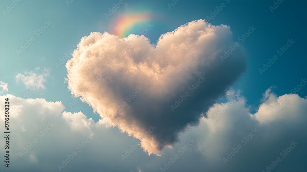 Poster a fluffy cloud in the shape of a heart with a rainbow emerging from behind it