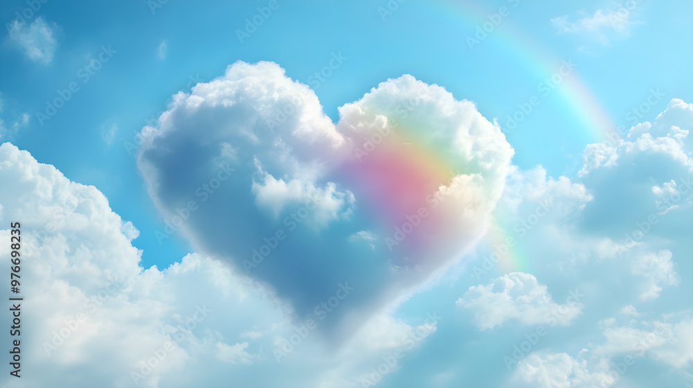 Poster a fluffy cloud in the shape of a heart with a rainbow emerging from behind it