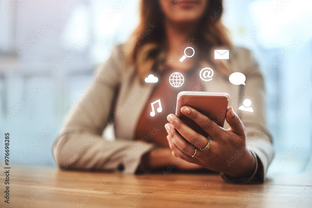 Poster hand, phone and hologram icons with app for email, chat and cloud computing for person in modern off