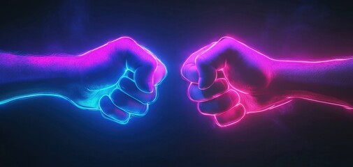 Two hands glowing with neon blue and pink lights are about to fist bump, representing unity and teamwork in a dark background.