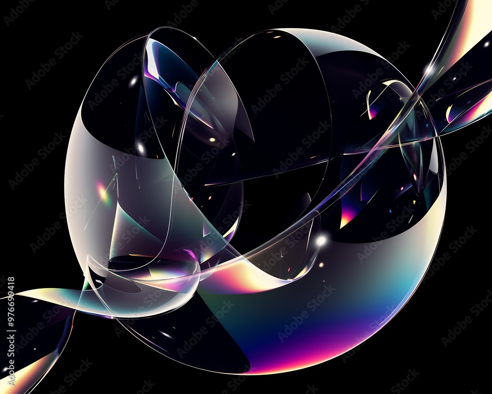 Wall mural abstract iridescent spheres swirl against a black background, creating a dynamic and colorful visual