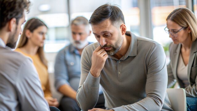 Distressed Man Among Group - A man with a sad demeanor in a group therapy environment.
