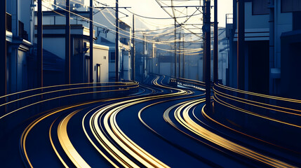 Winding Gold Train Tracks Through a City at Night