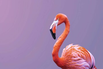 Obraz premium Flamingo is posing on a purple background, free space