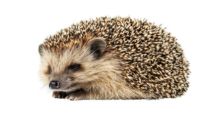 Obraz premium Isolated hedgehog curled up isolated on transparent background, PNG file, showing detailed spines,