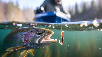 Trout underwater perspective. Dynamic nature scene. Excitement of fishing. Perfect for outdoor enthusiasts. Advertisement creation. Close-up with copy space.