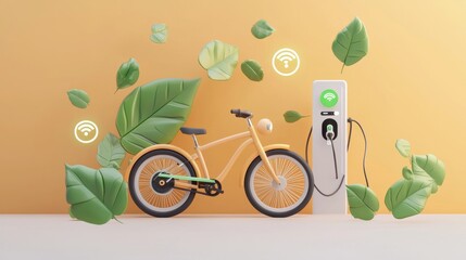 3D illustration of an electric bicycle parked next to a modern charging station, surrounded by green leaves and energy symbols floating above, set on a light orange background, representing green tran