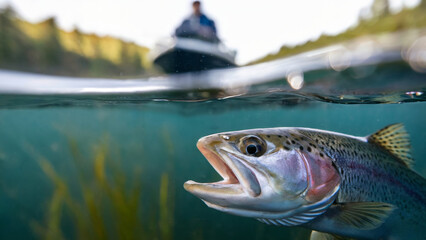 Underwater view of trout catching bait. Dynamic fishing scene. Nature adventure. Lake environment. Suitable for outdoor and sport promotions. Underwater perspective.