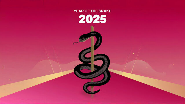 Black snake wrapped around pole. Vibrant pink background. Chinese zodiac theme. New year celebration 2025. Decorative artwork. Festive design for banner, poster, card