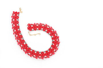 Fototapeta premium Women's necklaces made of multi-colored beads with Ukrainian national patterns.