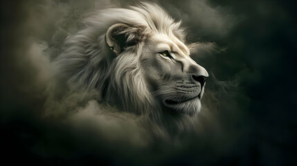 Majestic White Lion Gazes Through Smoke with Intensity