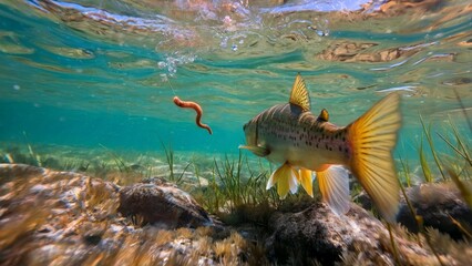 Underwater scene with fish and worm. Vibrant nature. Fishing adventure. Aquatic concept. For outdoor enthusiasts, nature posters, wallpaper design. Dynamic closeup with copy space.