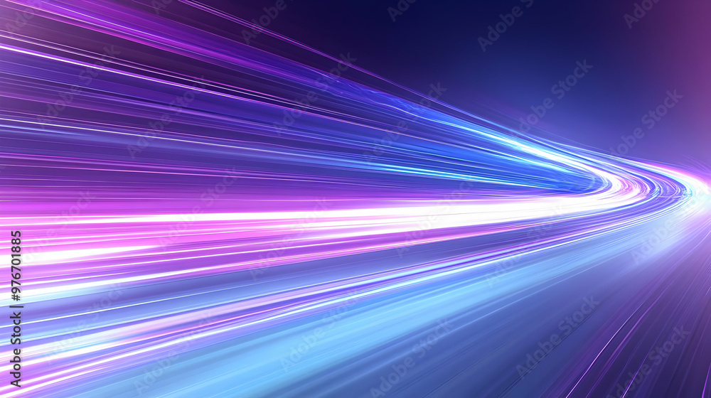 Poster Abstract light trails speed curve motion on purple background, dynamic lines futuristic technology abstract background.