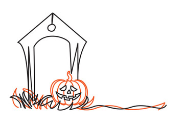 halloween pumpkin with haunted house. continuoes line art
