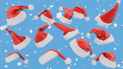 Many santa claus hats falling down with snowflakes on blue background