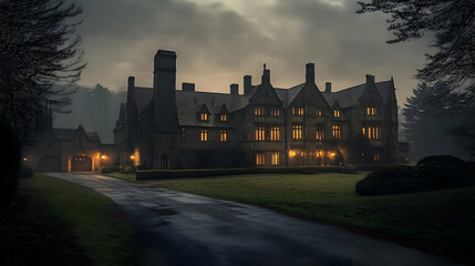 Gothic Manor Illuminates a Foggy Night with Warm Light