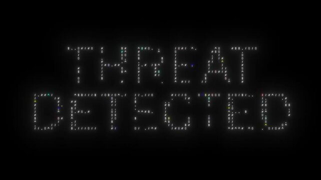 THREAT DETECTED text made from symbols with technology glitch effect. Looped hacking animation, cybercrime concept. THREAT DETECTED glitch notification, ASCII typography. Security breach.