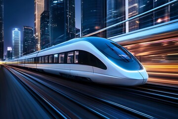 Fototapeta premium Futuristic high-speed train racing through a modern city at night, with blurred lights showcasing the speed and innovation of advanced transportation.