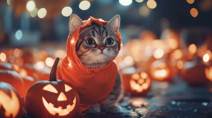 A cat in an orange hoodie stands in front of a pile of pumpkins