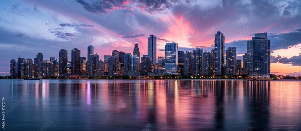 Wall mural city skyline at sunset with water reflections