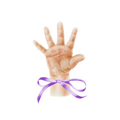 Obraz premium Open small palm of a newborn baby with purple ribbon as a symbol of World Prematurity Day, new life, birth,motherhood,family and love. Watercolor illustration isolated transparent background