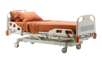 Empty brown bed of Hospital modern with pillow and blanket in hospital room to accommodate patients isolated on cut out PNG or transparent background. For use in awaits treatment from doctor.