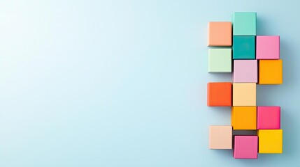 Colorful building blocks arranged creatively on a light blue background, ideal for playful and educational themes.