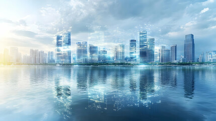 Fototapeta premium Modern Cityscape Reflecting in Calm Water with Futuristic Overlay