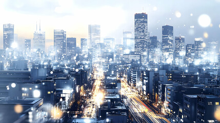 Modern Cityscape with Bright Lights and a Network of Connections at Night